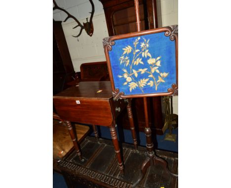 AN EDWARDIAN MAHOGANY DROP LEAF SOFA TABLE with a single drawer, together with a Victorian pole screen (2)