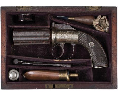 A CASED 120-BORE SIX-SHOT PERCUSSION PEPPERBOX REVOLVER BY RIGBY, 3inch fluted barrel, border and scroll engraved rounded act