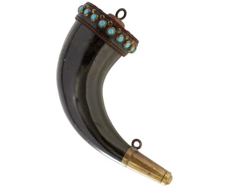 AN OTTOMAN TURQUOISE MOUNTED POWDER FLASK, the polished dark horn body with brass collar and threaded brass stopper, the oppo