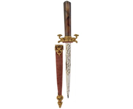 A 19TH CENTURY SPANISH AGATE HILTED ROMANTIC DAGGER, 11cm clean flattened diamond section blade decorated with scrolling foli