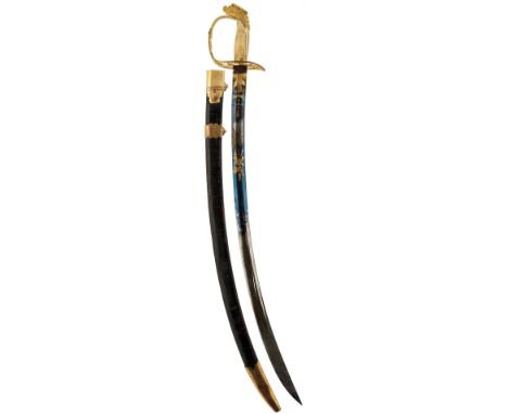 A LATE 18TH OR EARLY 19TH CENTURY AMERICAN GRENADIER OFFICER'S SWORD, 77.5cm curved blade decorated with scrolling foliage, a