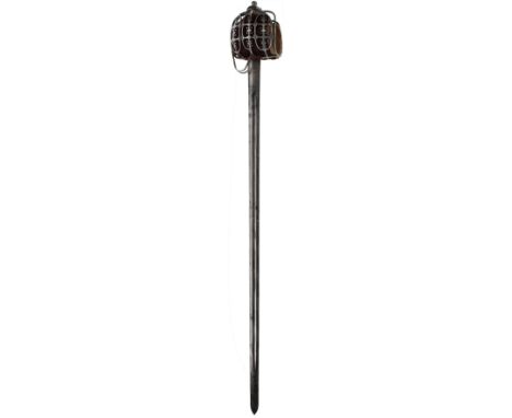 A MID 18TH CENTURY PINCH OF SNUFF BASKET HILTED BROAD SWORD, 90.5cm blade with elongated fullers to either side and decorated