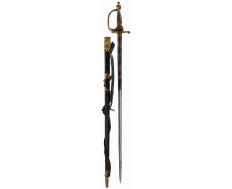 A 1796 PATTERN INFANTRY OFFICER'S SWORD, 83cm blade decorated with stands of arms, floral sprays and crowned Royal arms, trac