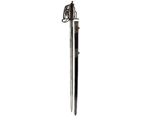 A CRIMEAN WAR PERIOD SCOTTISH OFFICER'S BASKET HILTED BROAD SWORD TO THE 79TH OR QUEEN'S OWN CAMERON HIGHLANDERS, 82cm double