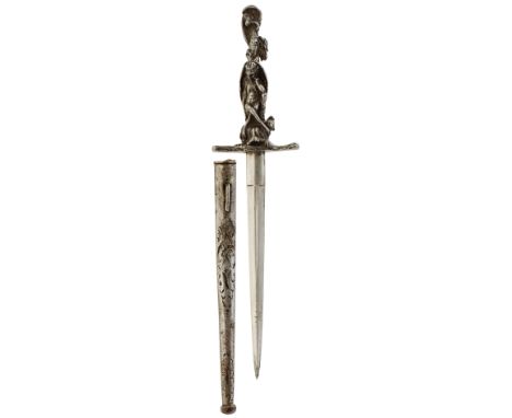 A 19TH CENTURY CONTINENTAL ROMANTIC STILETTO DAGGER, 13.5cm flattened diamond section blade, tip bent, the steel hilt decorat