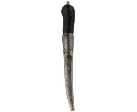 A 19TH CENTURY SWEDISH HUNTING KNIFE, 9cm blade stamped with the maker's details at the forte, ebonised wooden grip carved wi