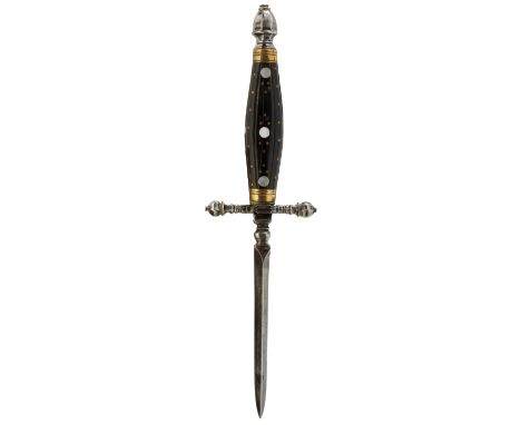 AN 18TH CENTURY CONTINENTAL STILETTO DAGGER, 8cm triangular section blade, ornate turned crossguard, castellated pommel, the 