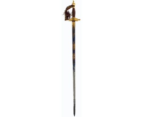 A 1796 PATTERN INFANTRY OFFICER'S SWORD, 80.5cm blade decorated with floral sprays, stands of arms, crowned Royal arms and a 