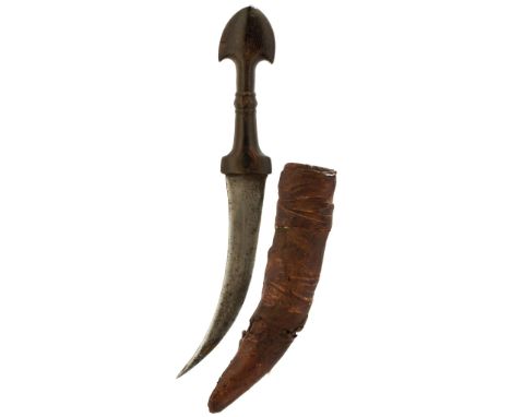 A 19TH CENTURY RHINO HORN HILTED JAMBIYA, 18cm curved blade, characteristic hilt with domed pommel and turned at the mid-poin