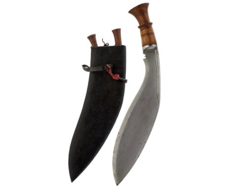 A KUKRI, contained in its leather wrapped wooden scabbard, together with a sgian-dubh, a small sheath knife by R. CLARK NEWCA