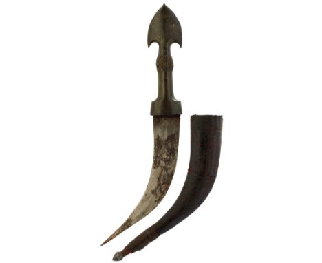 A HORN HILTED JAMBIYA, 23cm sharply curved blade, patinated, characteristic carved horn hilt with domed pommel and spirally t