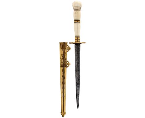 A GEORGIAN NAVAL DIRK FOR A BOY, 11.5cm flattened rounded diamond section blade etched along it's entire length with scrollin
