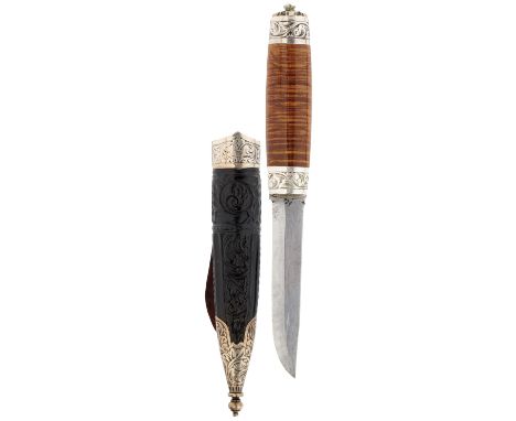 A SCANDINAVIAN FISHING KNIFE, 9cm blade with chamfered back edged, chiselled at the forte, characteristic white metal mounted
