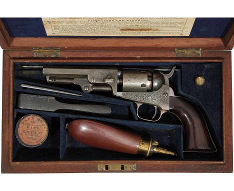 A CASED ENGRAVED LOW SERIAL NUMBER FIVE-SHOT PERCUSSION COLT POCKET REVOLVER, 4inch sighted octagonal barrel marked ADDRESS. 