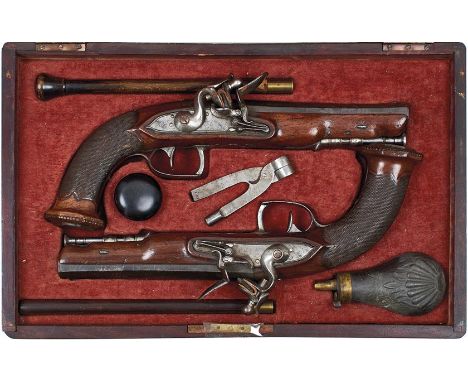 A CASED PAIR OF BELGIAN 22-BORE FLINTLOCK PISTOLS, 6.25inch sighted swamped octagonal rifled barrels, bearing various stamps 
