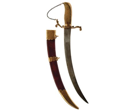 A GEORGIAN NAVAL OFFICER'S DIRK, 32.5cm sharply curved blade with clipped back point, characteristic copper gilt hilt, the cr