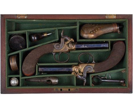 A PAIR OF 32-BORE RIFLED PERCUSSION BOXLOCK POCKET PISTOLS, 3inch sighted octagonal blued barrels engraved at the muzzles and