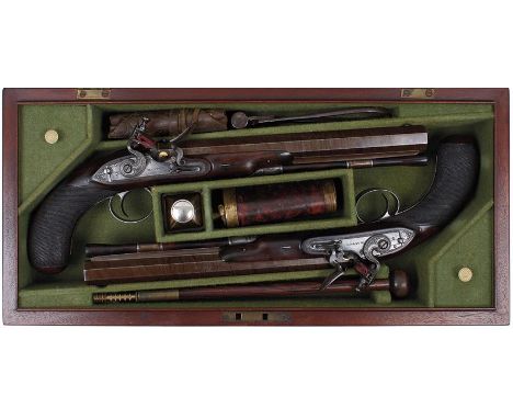 A CRISP CASED PAIR OF 25-BORE FLINTLOCK DUELLING PISTOLS BY JOHN MANTON, serial no. 3255 to trigger guard, breeches, barrels 