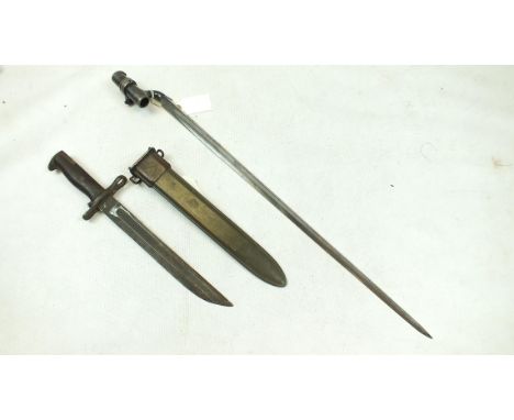AN AMERICAN M1 GARAND BAYONET, with scabbard, together with an Indian Army triangular section socket bayonet. (2)