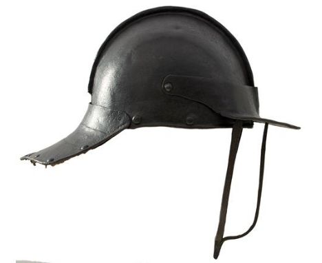 A MID-17TH CENTURY NORTH EUROPEAN HARQUEBUSIER'S LOBSTER TAILED POT OR HELMET, the two-piece skull with shallow turned comb, 