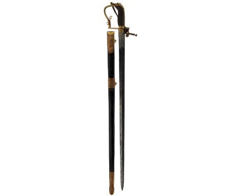 A GEORGIAN NAVAL OFFICER'S DRESS SWORD, 72.5cm flattened diamond section blade etched with scrolling foliage and stands of ar