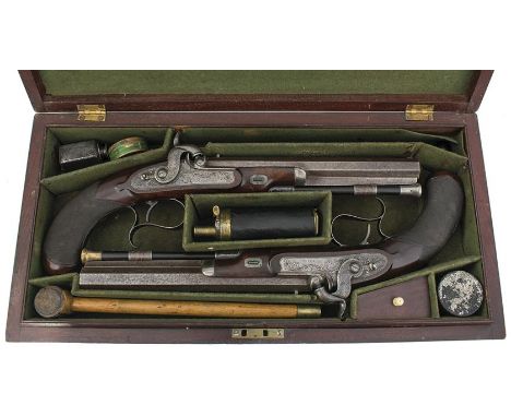 A CASED PAIR OF 22-BORE PERCUSSION DUELLING PISTOLS BY THOMAS REYNOLDS OUT OF JOSEPH MANTON, 8.5inch sighted octagonal damasc