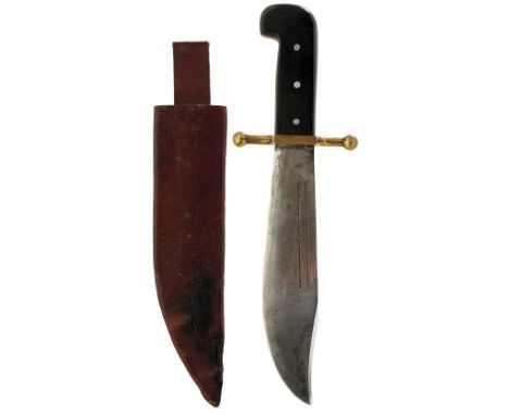 A V44 SURVIVAL BOWIE KNIFE, 23cm double fullered blade by Kinfolks, brass guard with riveted wooden grips, contained in its l