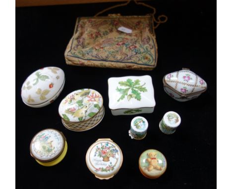 A COLLECTION OF ENAMEL PILL BOXES, ceramic boxes and a Vintage handbag
