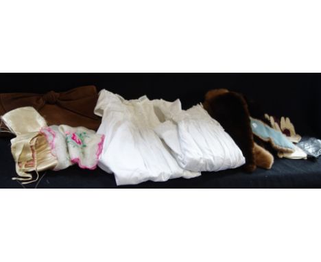 A LADY'S VINTAGE BROWN FUR HAT, a collection of vintage gloves, brown suede leather clutch bag and some Victorian linen (as l