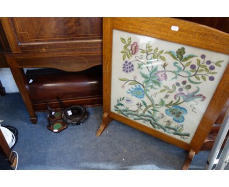 A CHINESE CARVED HARDWOOD VASE STAND, a 19th century mahogany stationery box, a fire screen and other items