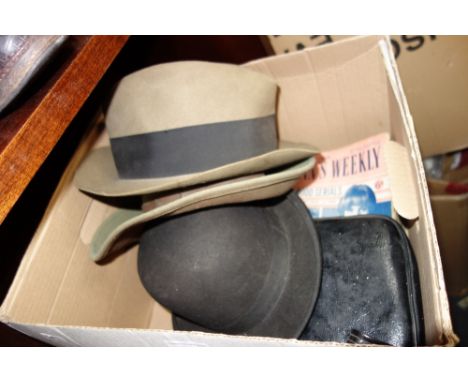 A VINTAGE GENT'S BOWLER HAT, two similar hats and a collection of Vintage 1960s Woman's Weekly magazines