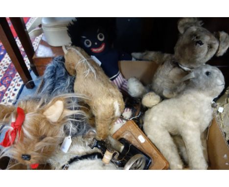 A TOY TINPLATE SEWING MACHINE, another similar and a collection of vintage soft toys