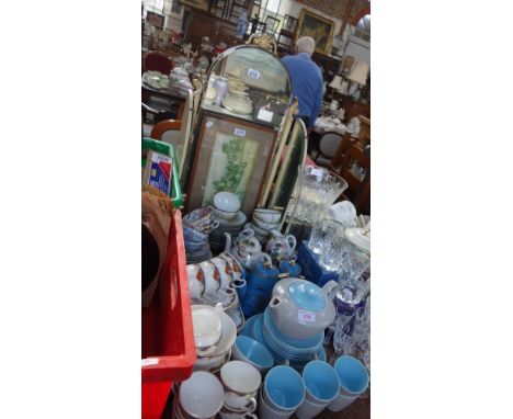 A COLLECTION OF TEAWARES, including Poole Pottery and Japanese Eggshell wares a triple mirror and a coaching print by George 