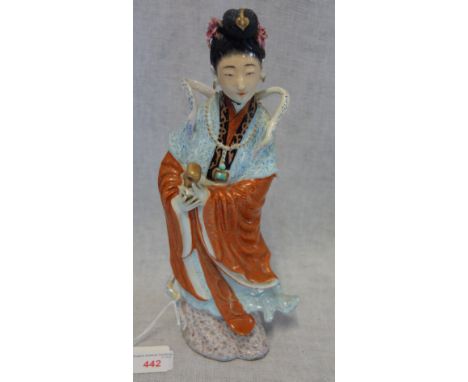 A JAPANESE CERAMIC STUDY OF A YOUNG WOMAN in traditional costume, 29cm high