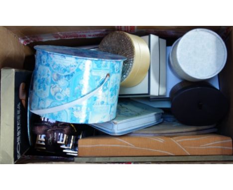 A COLLECTION OF VINTAGE CARDBOARD CHOCOLATE AND OTHER BOXES, a painted doily case and another square cloth covered padded box