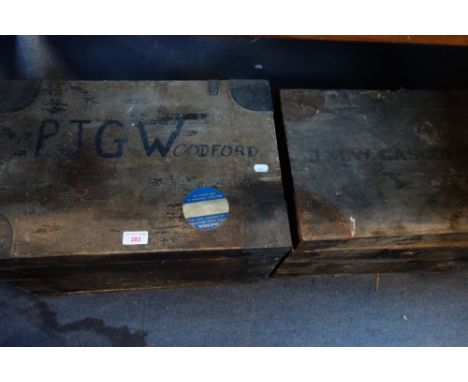TWO METAL BOUND WOODEN BOXES containing a variety of tools and Meccano