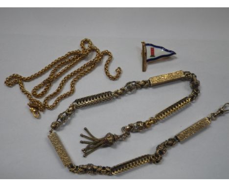 AN UNMARKED YELLOW METAL FOB CHAIN, one other chain necklace stamped "18K" and an enamel and 9ct gold flag brooch, total weig