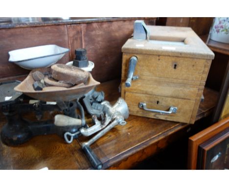 AN ASH CASED SHOP TILL, two sets of kitchen scales and mincers