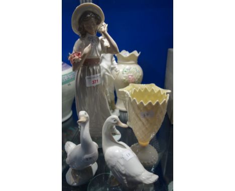 NAO; A STUDY OF A YOUNG WOMAN, a bearded man and two ducks, with three Belleek  vases