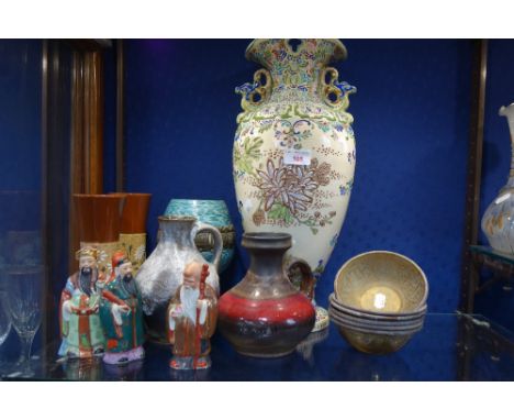 A LARGE JAPANESE SATSUMA VASE painted in polychrome enamels, 46cm high, three Chinese ceramic figures, six brass Indian bowls