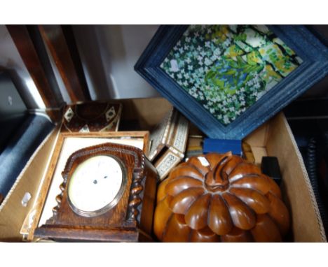 A COLLECTION OF MIXED SUNDRIES, including an oak cased barometer, enamel picture, a Vizagapatam box and book slide, fruitwood