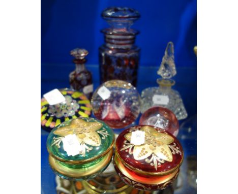 A MILLEFIORI PAPERWEIGHT, two similar, a Victorian ruby overlaid Bohemian perfume bottle and similar glassware