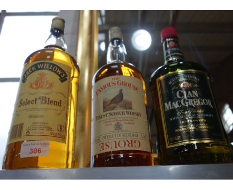A 1.75 LITRE BOTTLE OF 'CLAN MACGREGOR' SCOTCH WHISKY, a 1.5 litre bottle of Grouse and a 1.5 litre bottle of Jack Willow's (