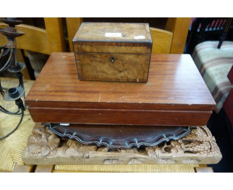 AN 19TH CENTURY WALNUT AND CROSSBANDED TEA CADDY, a cigar humidor, a mahogany tray and a carved panel