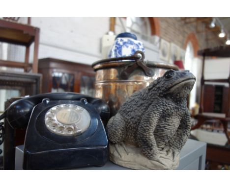 A DUTCH WALL MOUNTED COFFEE BEAN GRINDER, a copper cooking pot, a vintage black telephone and a reconstituted stone toad