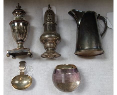 A GEORGE III SILVER CADDY SPOON a silver mounted match striker and plated wares