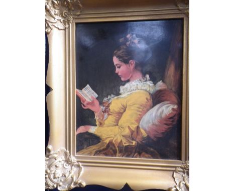 A GERMAN CERAMIC PLAQUE, depicting a girl reading, 30cm high, within a gilt frame stamped 'RPM' verso