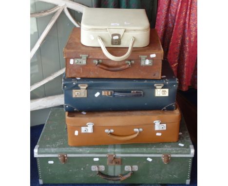 A COLLECTION OF VINTAGE LUGGAGE, to include a serviceman's green and striped green lightweight suitcase (5)