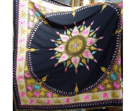 A LARGE VINTAGE BLACK INDIAN TABLECLOTH with gold wire and silk decoration, circa 1940s