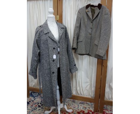 A LADY'S VINTAGE WOOLLEN SINGLE BREASTED TWEED RIDING JACKET chest size 36 with brown velvet collar and a lady's black and wh